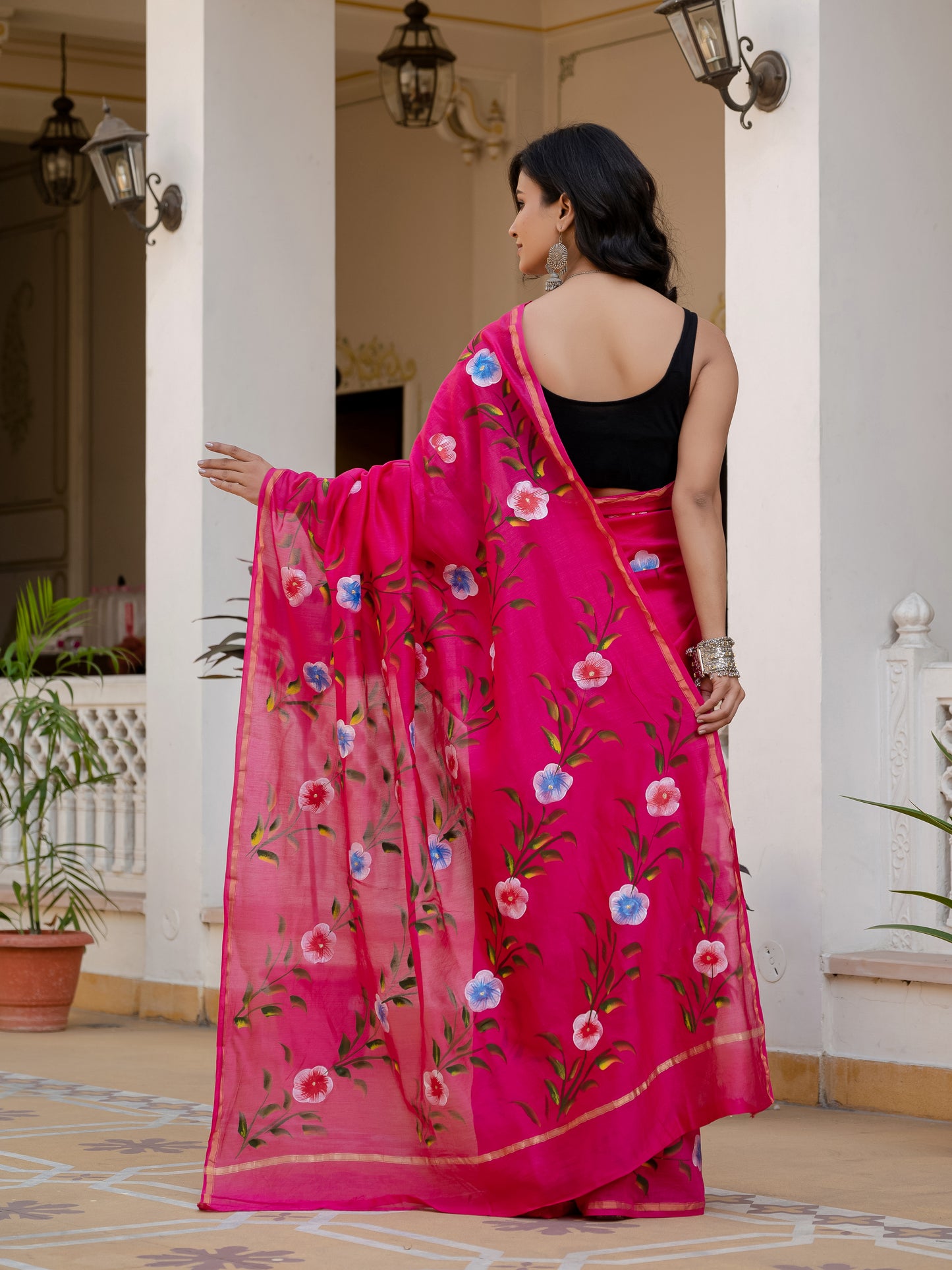 Pink hand painted Chanderi Silk Saree
