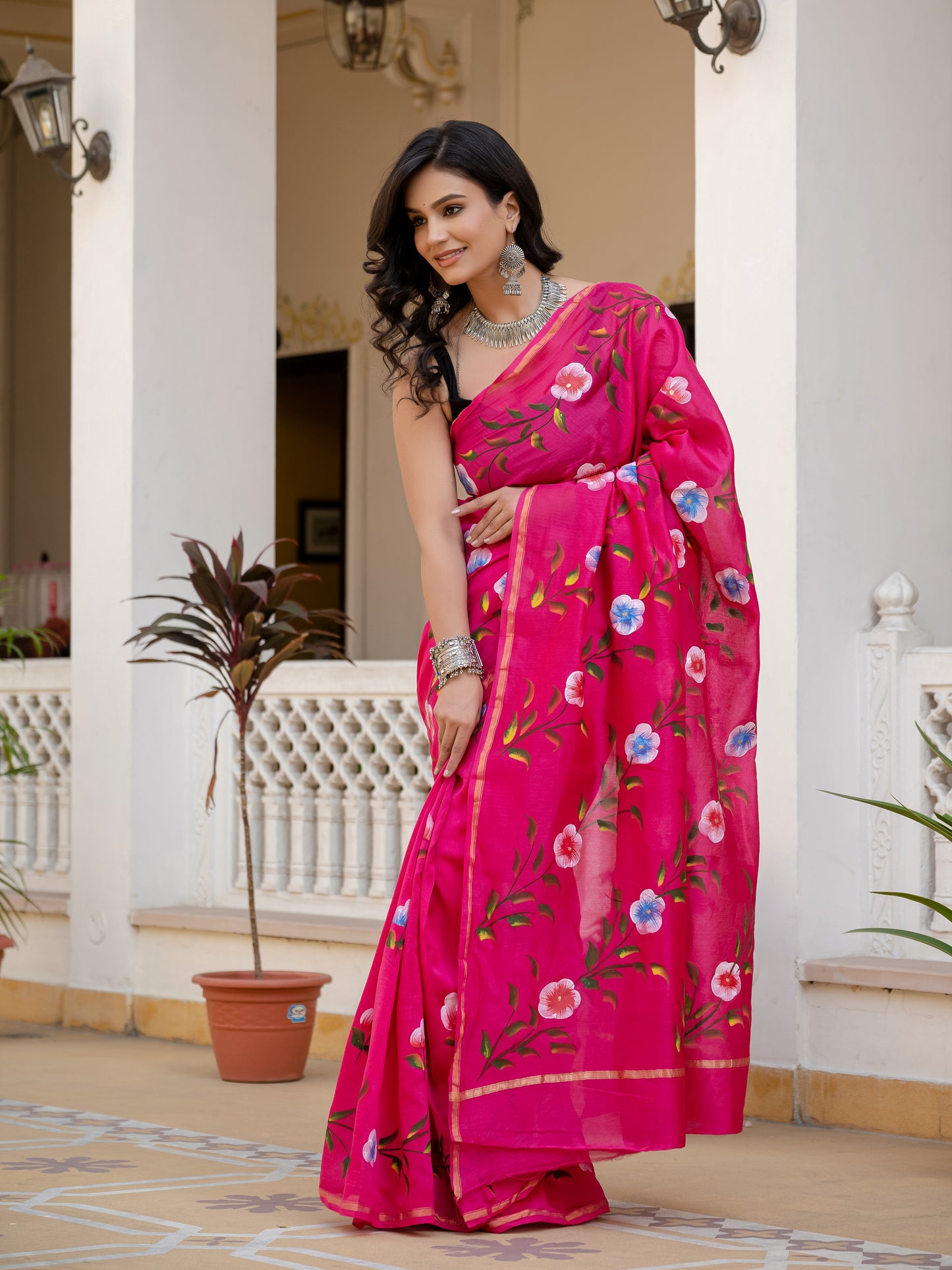 Pink hand painted Chanderi Silk Saree
