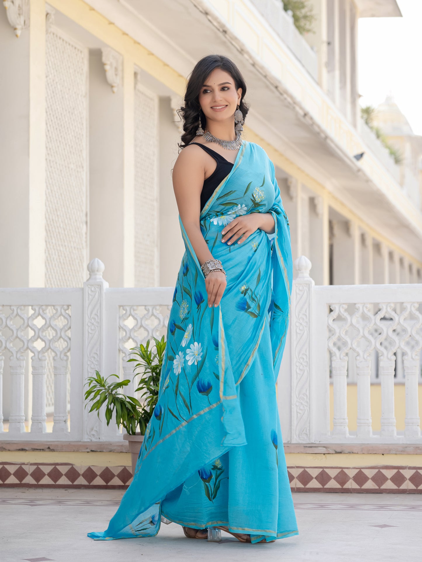 Sky hand painted Chanderi Silk Saree