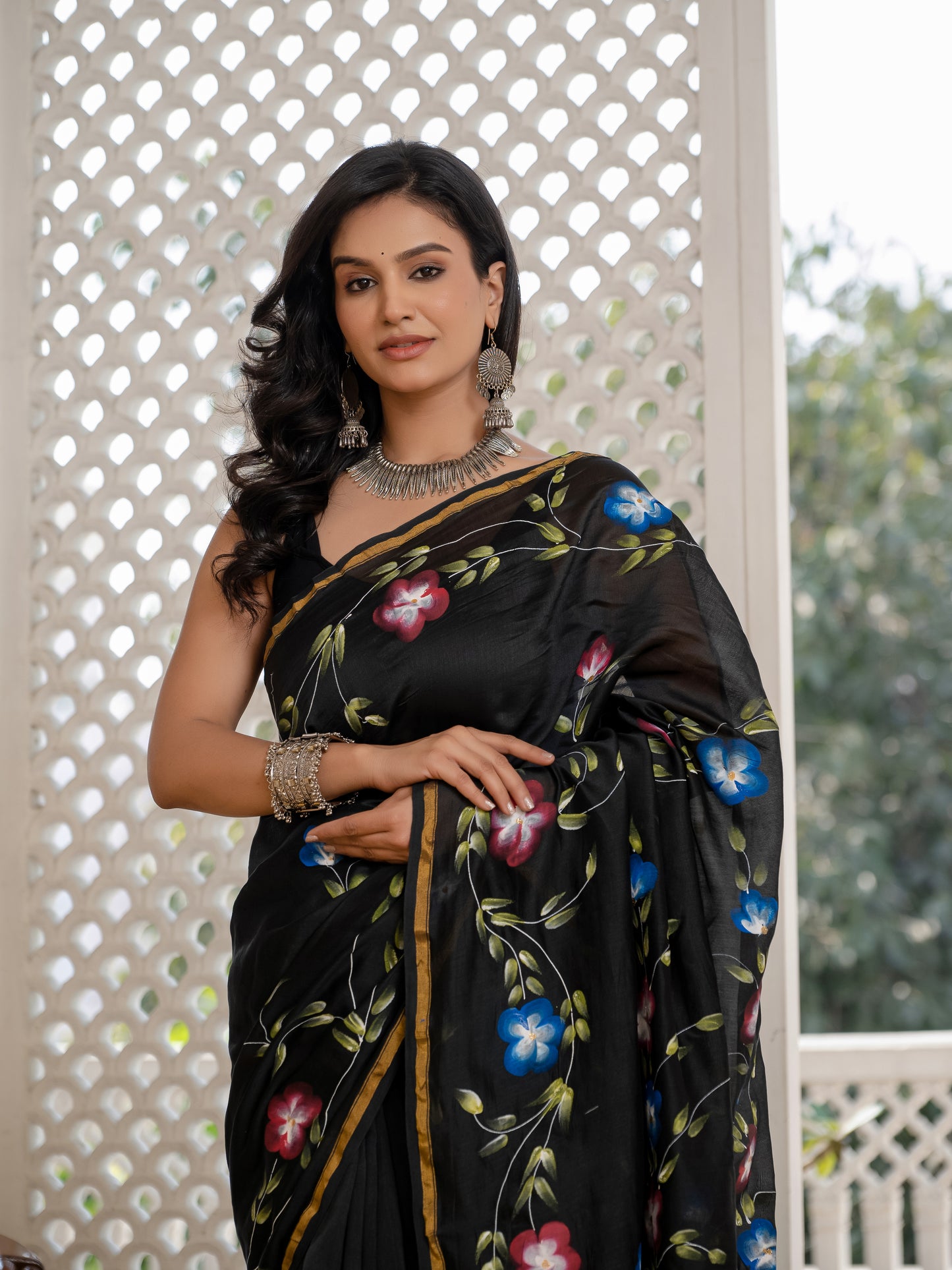 Black Hand Painted Chanderi Silk Saree