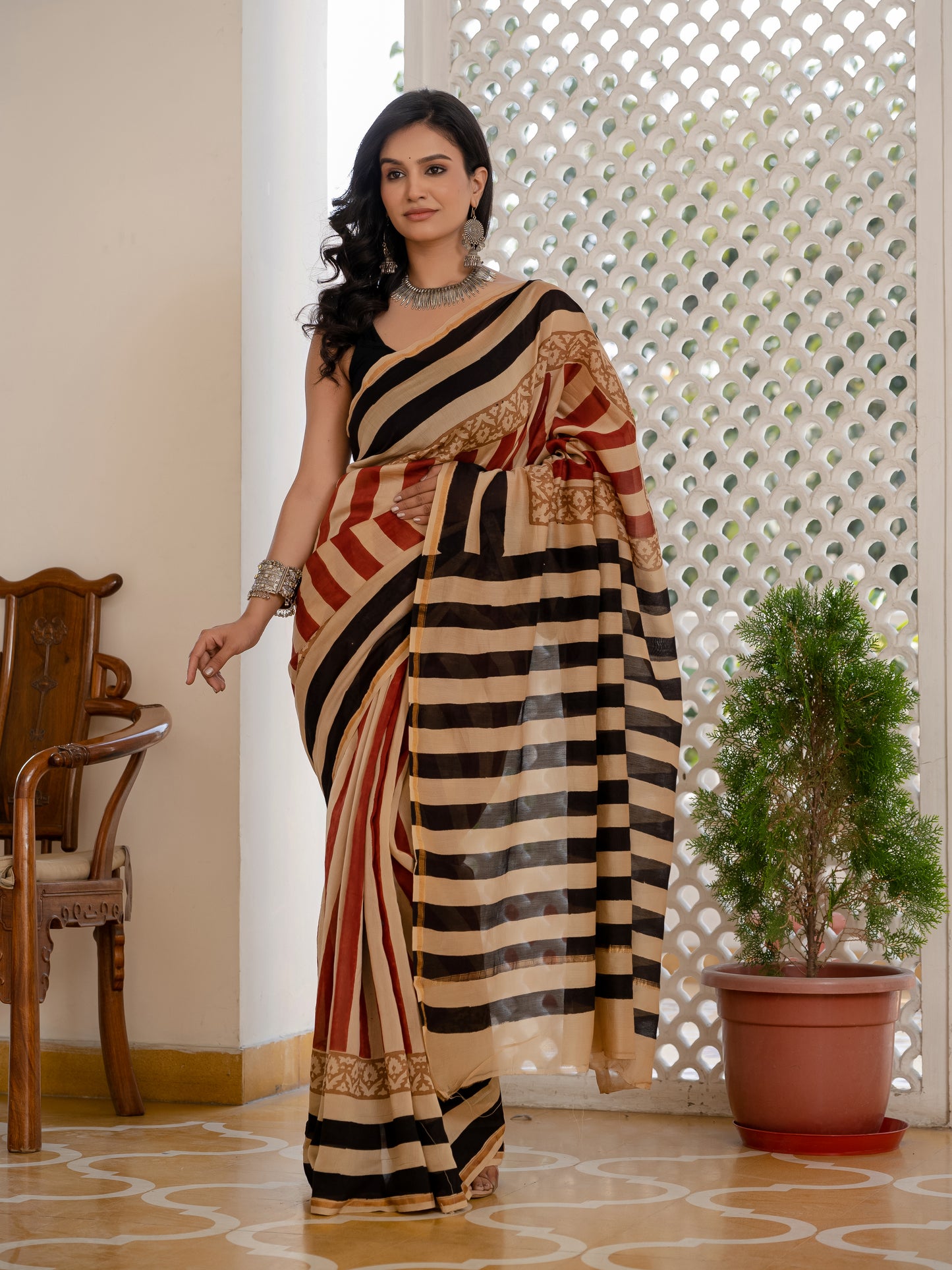 Bagru stripes Chanderi Silk Saree
