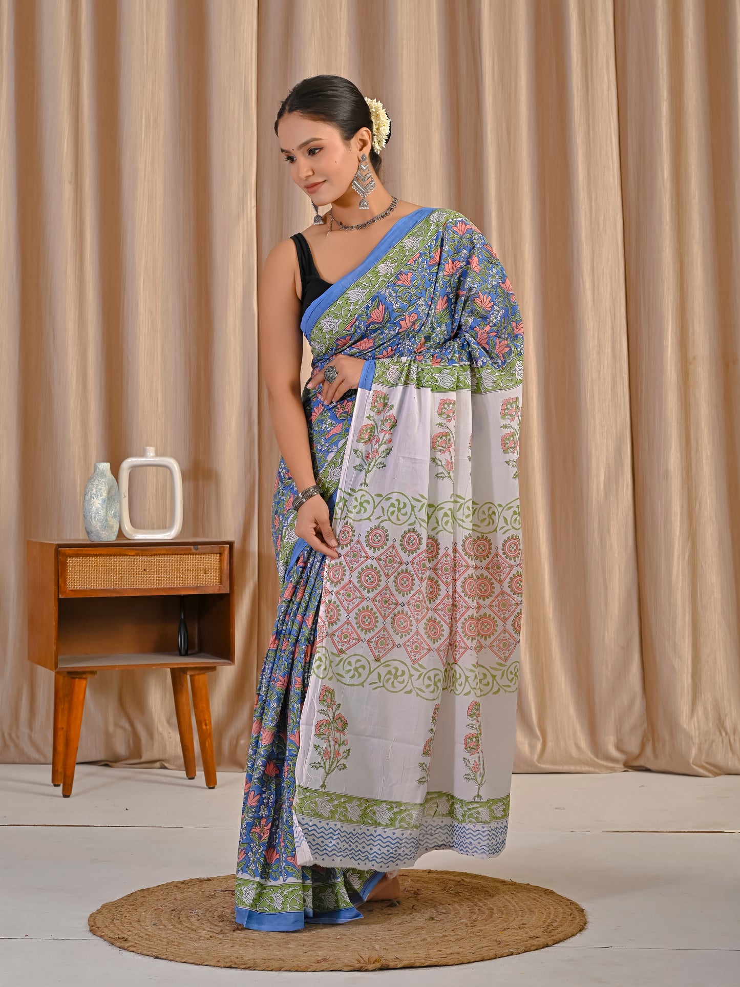 Blue jaal pure mul cotton saree