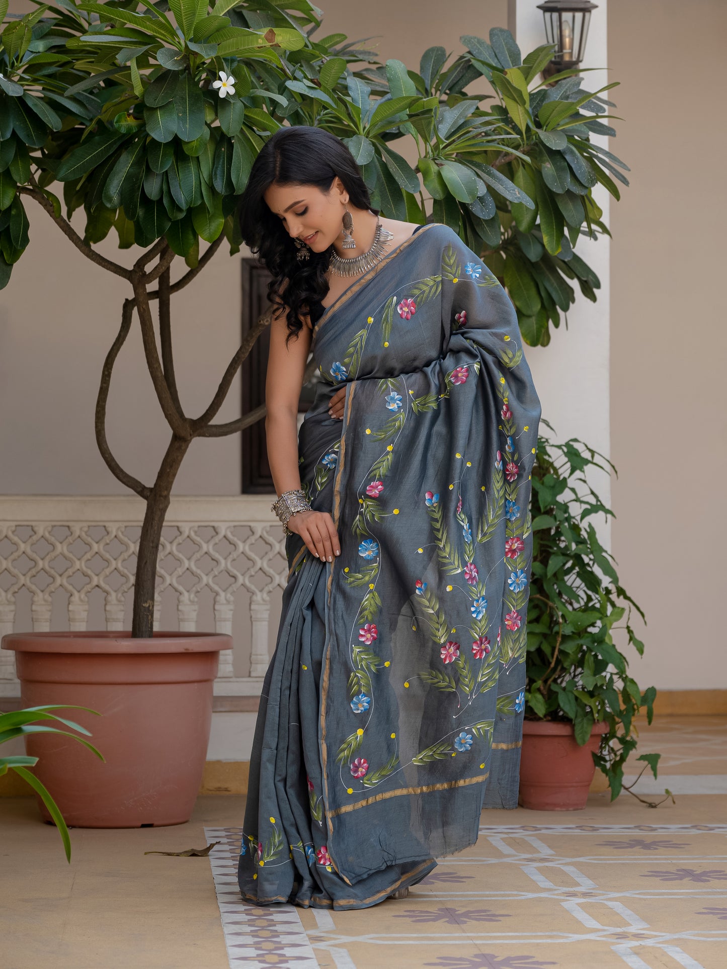 Grey hand painted silk saree