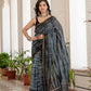 Grey black tie dye printed Chanderi Silk Saree