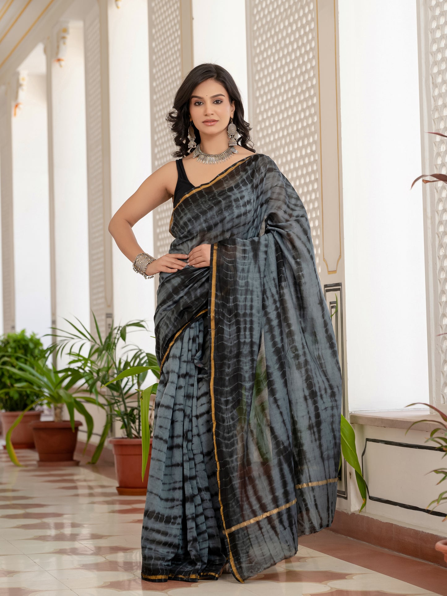 Grey black tie dye printed Chanderi Silk Saree