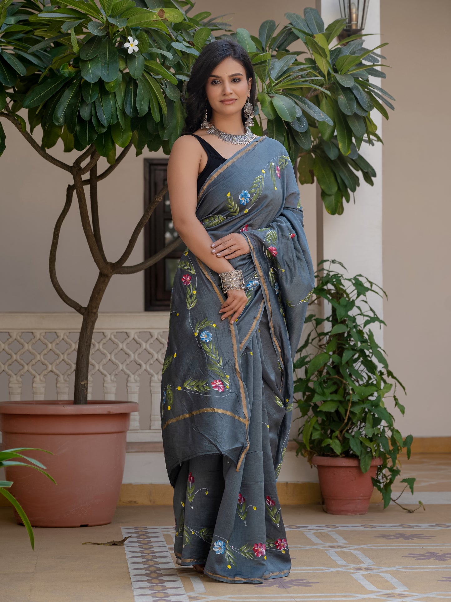 Grey hand painted silk saree