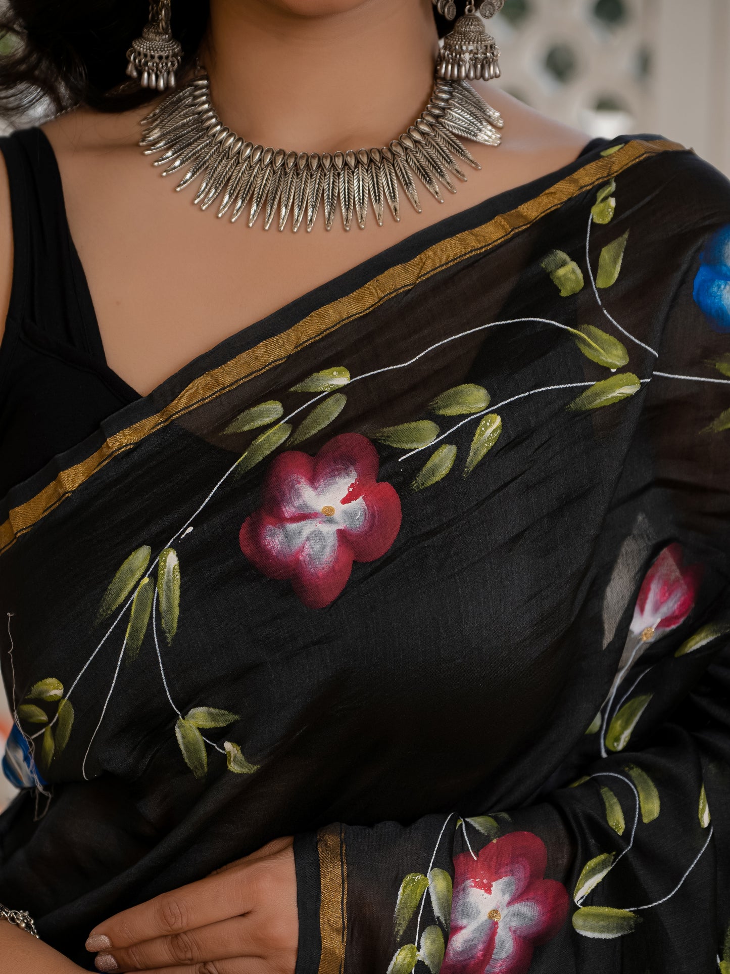 Black Hand Painted Chanderi Silk Saree