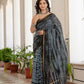Grey black tie dye printed Chanderi Silk Saree