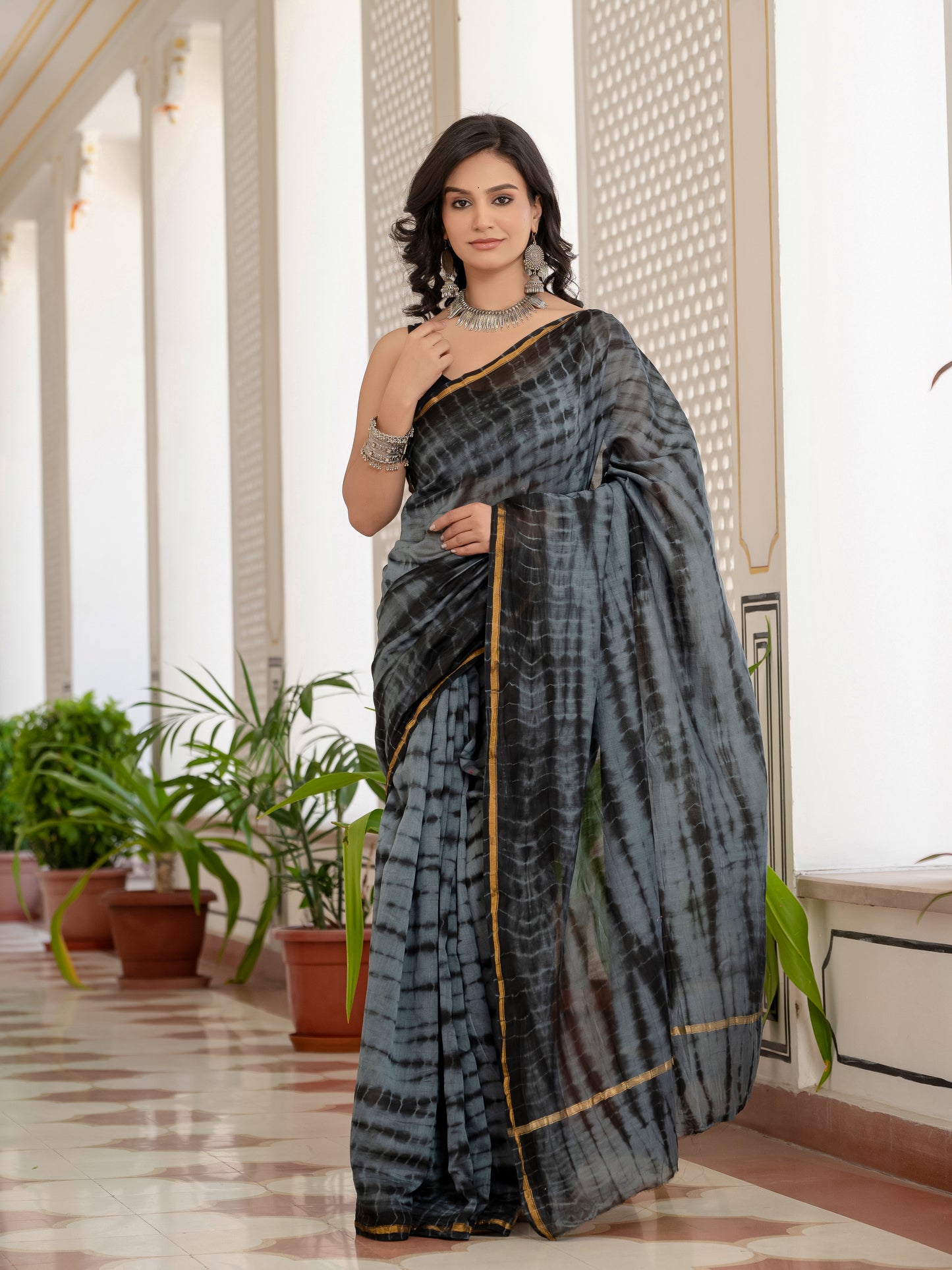 Grey black tie dye printed Chanderi Silk Saree