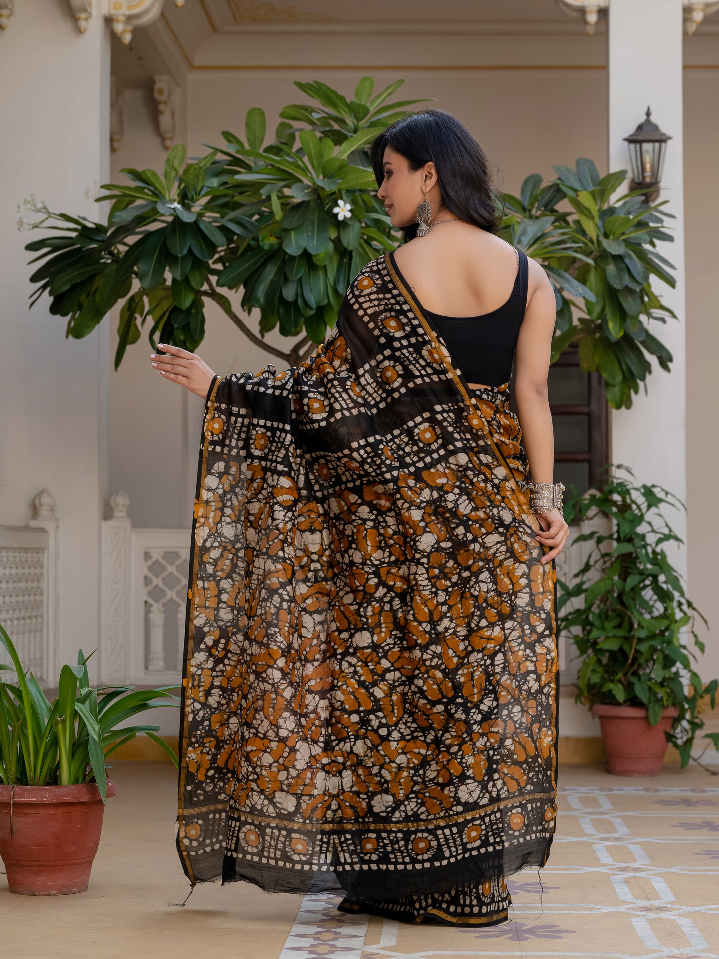 Black yellow batik printed silk saree