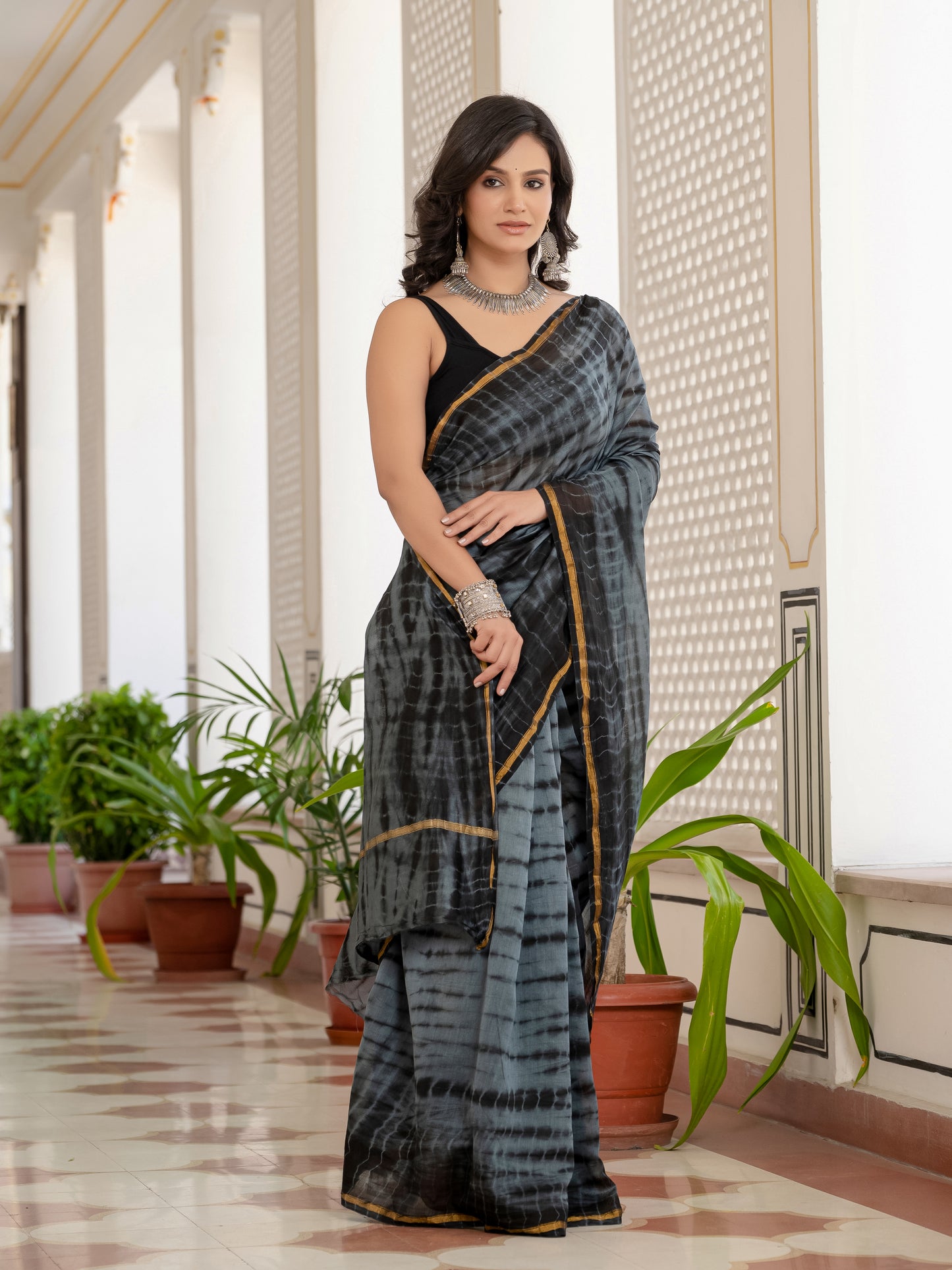 Grey black tie dye printed Chanderi Silk Saree