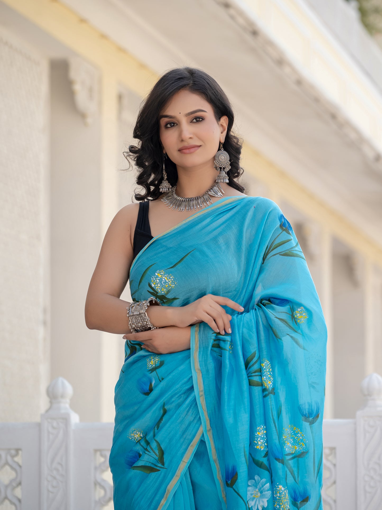 Sky hand painted Chanderi Silk Saree