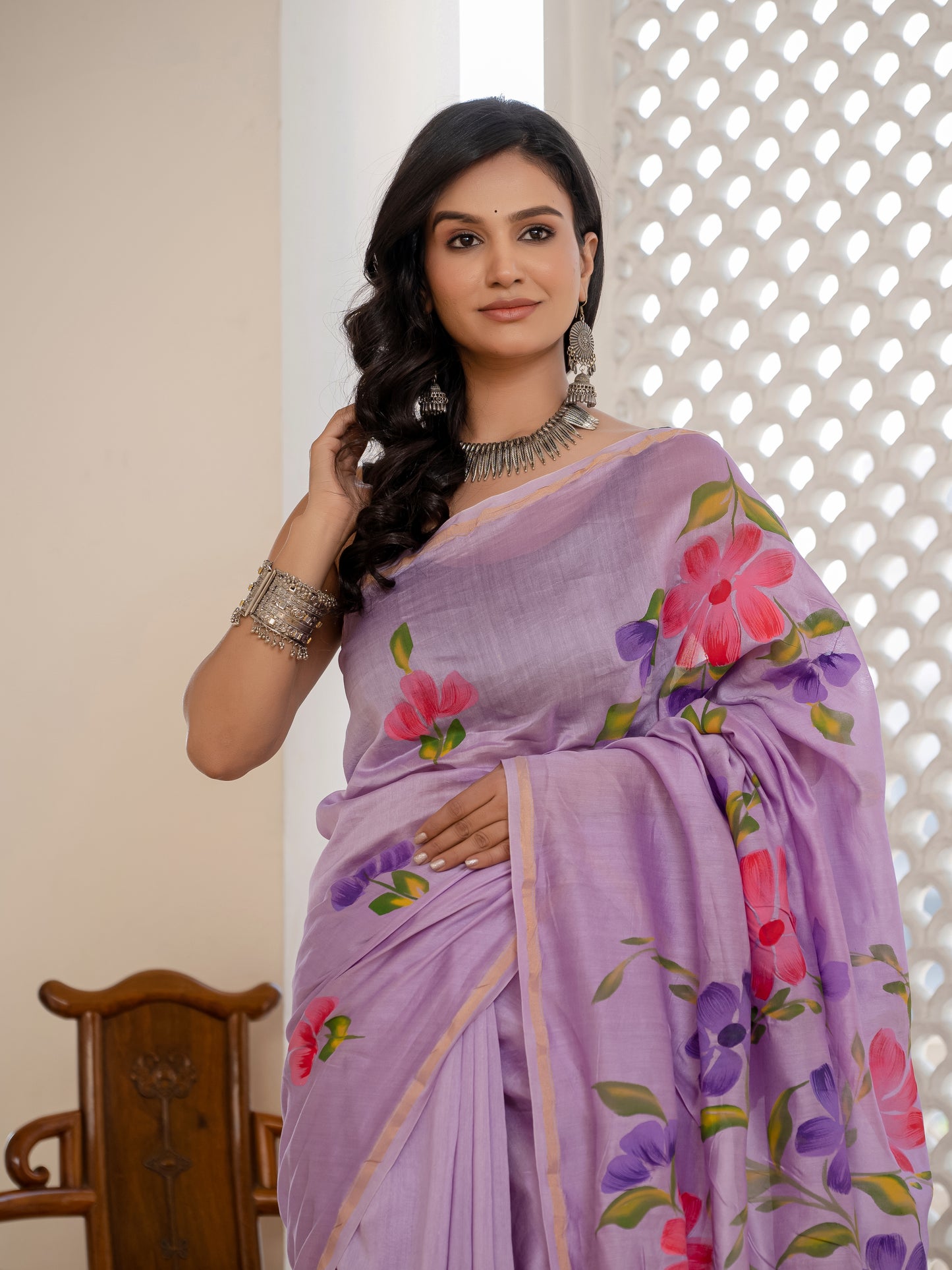 Lilac Hand Painted Chanderi Silk Saree