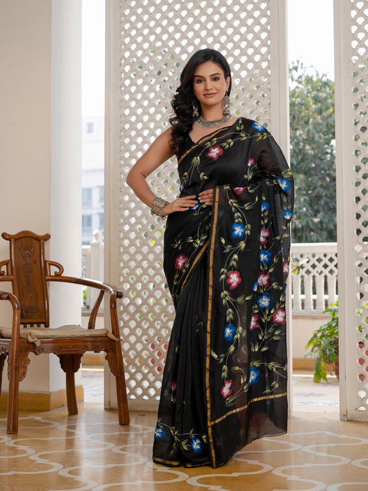 Black Hand Painted Chanderi Silk Saree