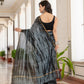 Grey black tie dye printed Chanderi Silk Saree
