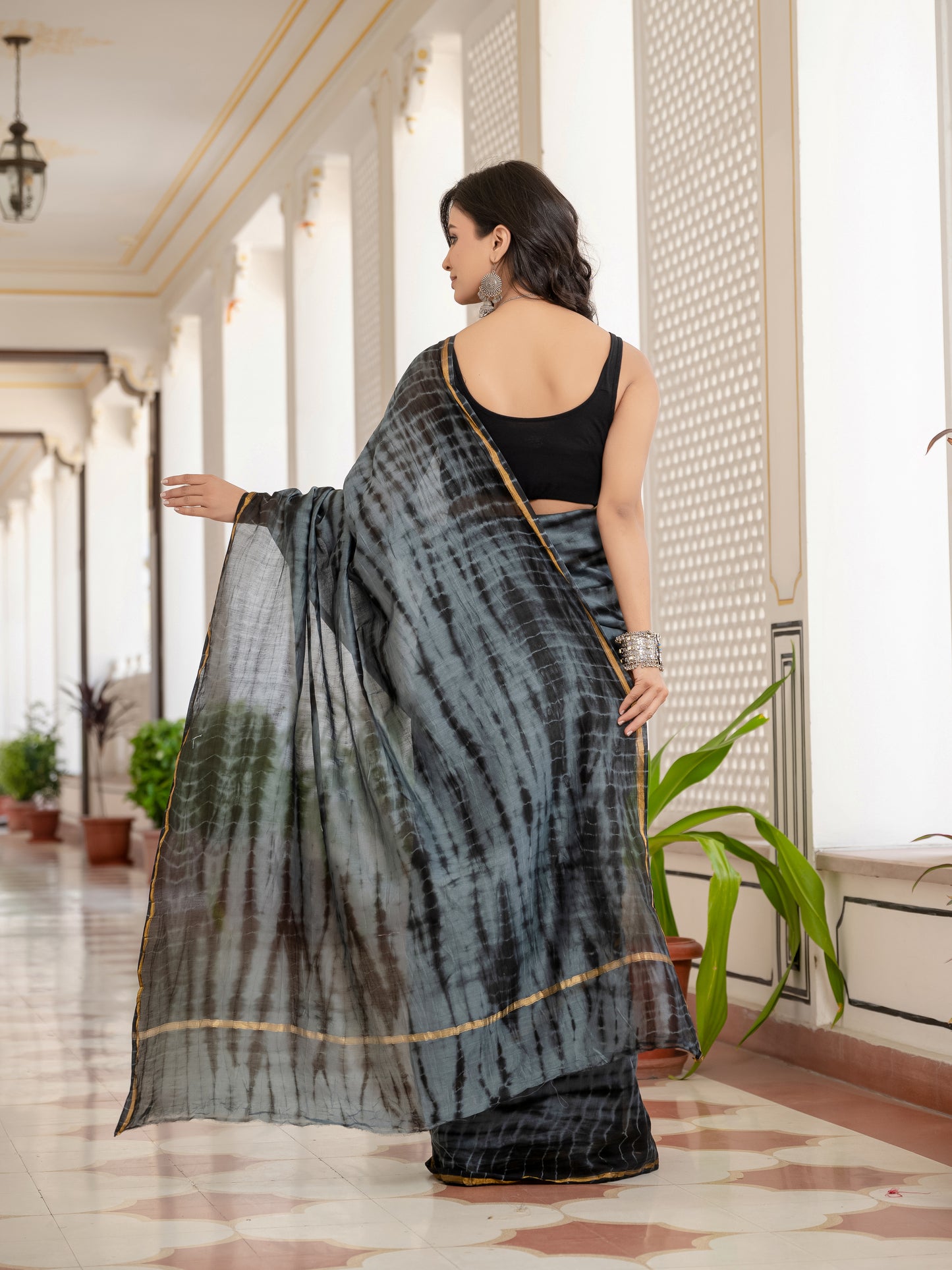 Grey black tie dye printed Chanderi Silk Saree