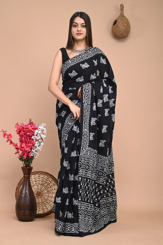 Butterfly print pure cotton 100% Hand Block saree