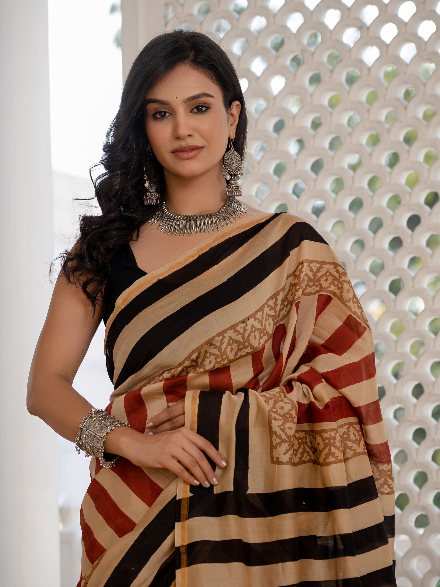 Bagru stripes Chanderi Silk Saree