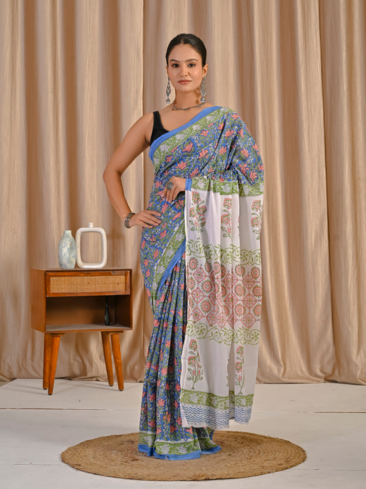 Blue jaal pure mul cotton saree