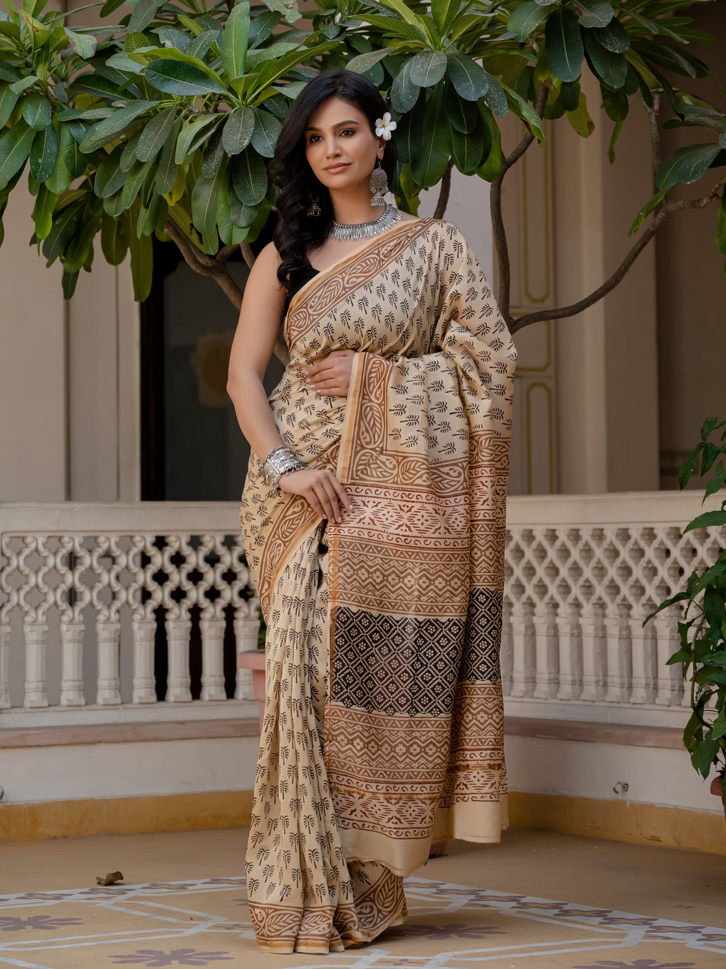 Bagru khajoor print silk saree
