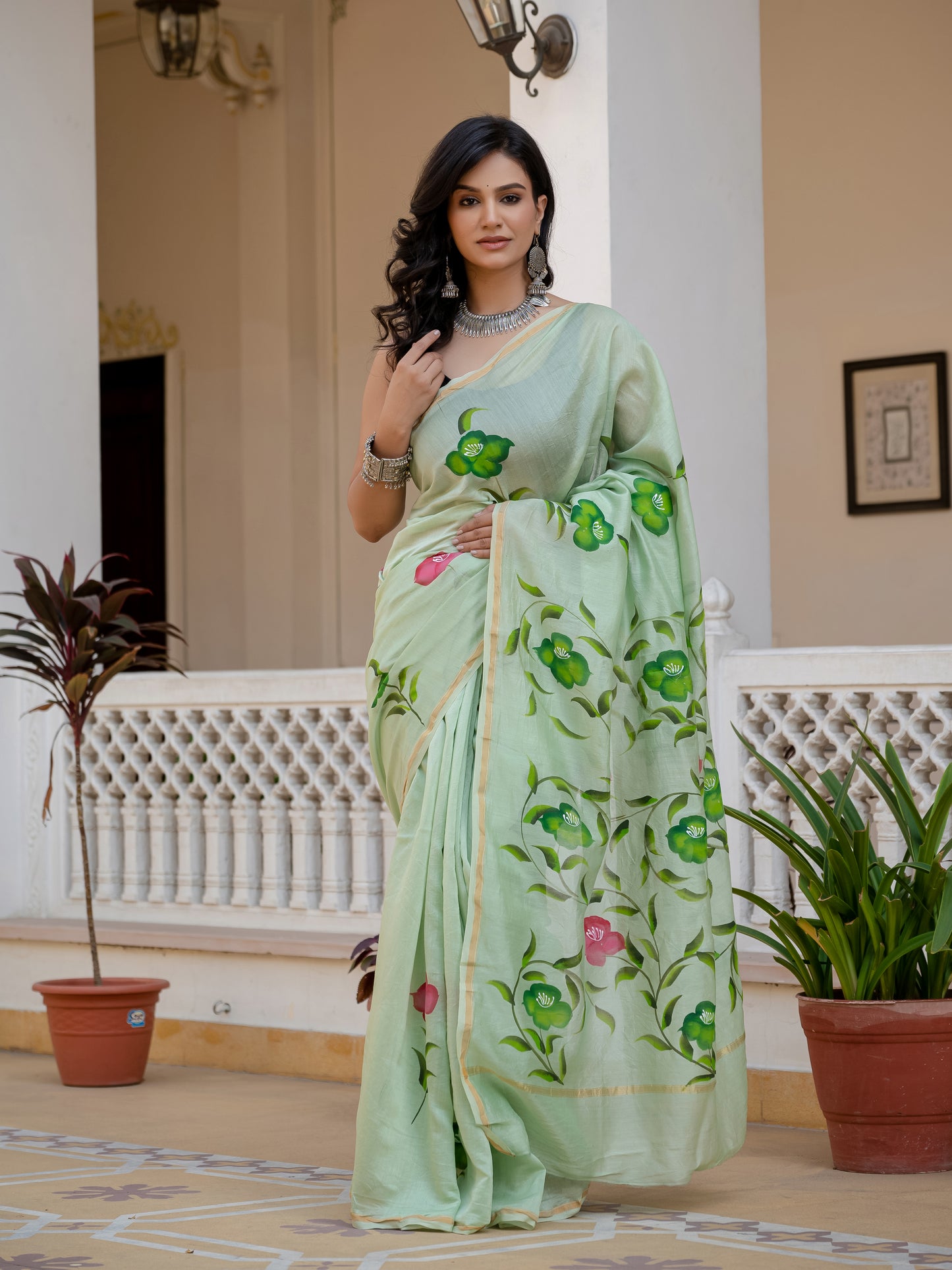 Pista green hand painted Chanderi Silk Saree