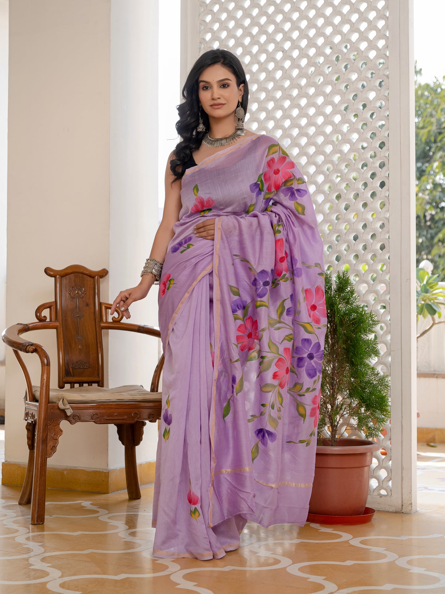 Lilac Hand Painted Chanderi Silk Saree