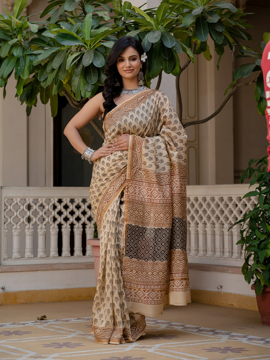 Bagru khajoor print silk saree