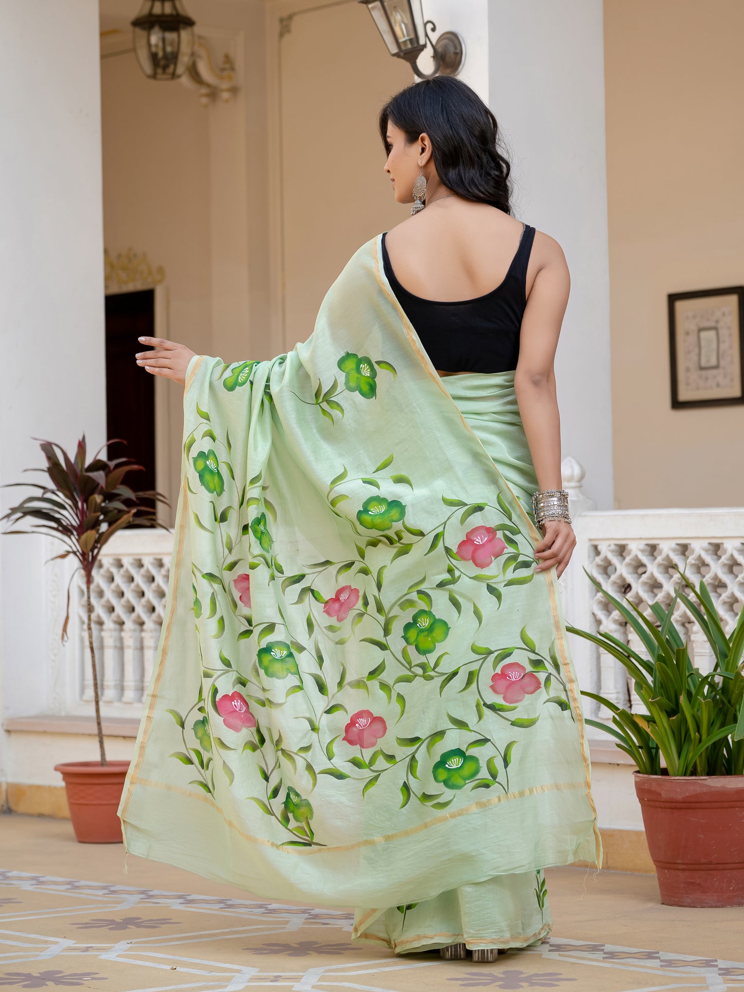 Pista green hand painted Chanderi Silk Saree
