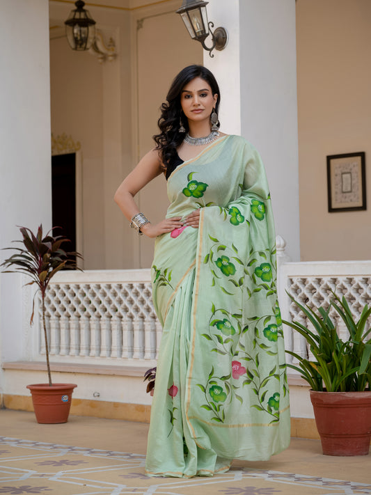 Pista green hand painted Chanderi Silk Saree
