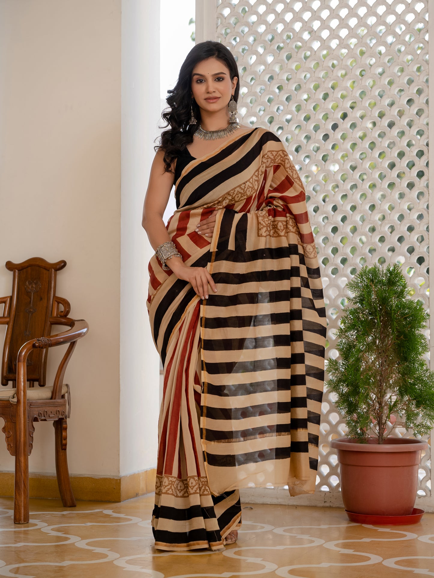 Bagru stripes Chanderi Silk Saree
