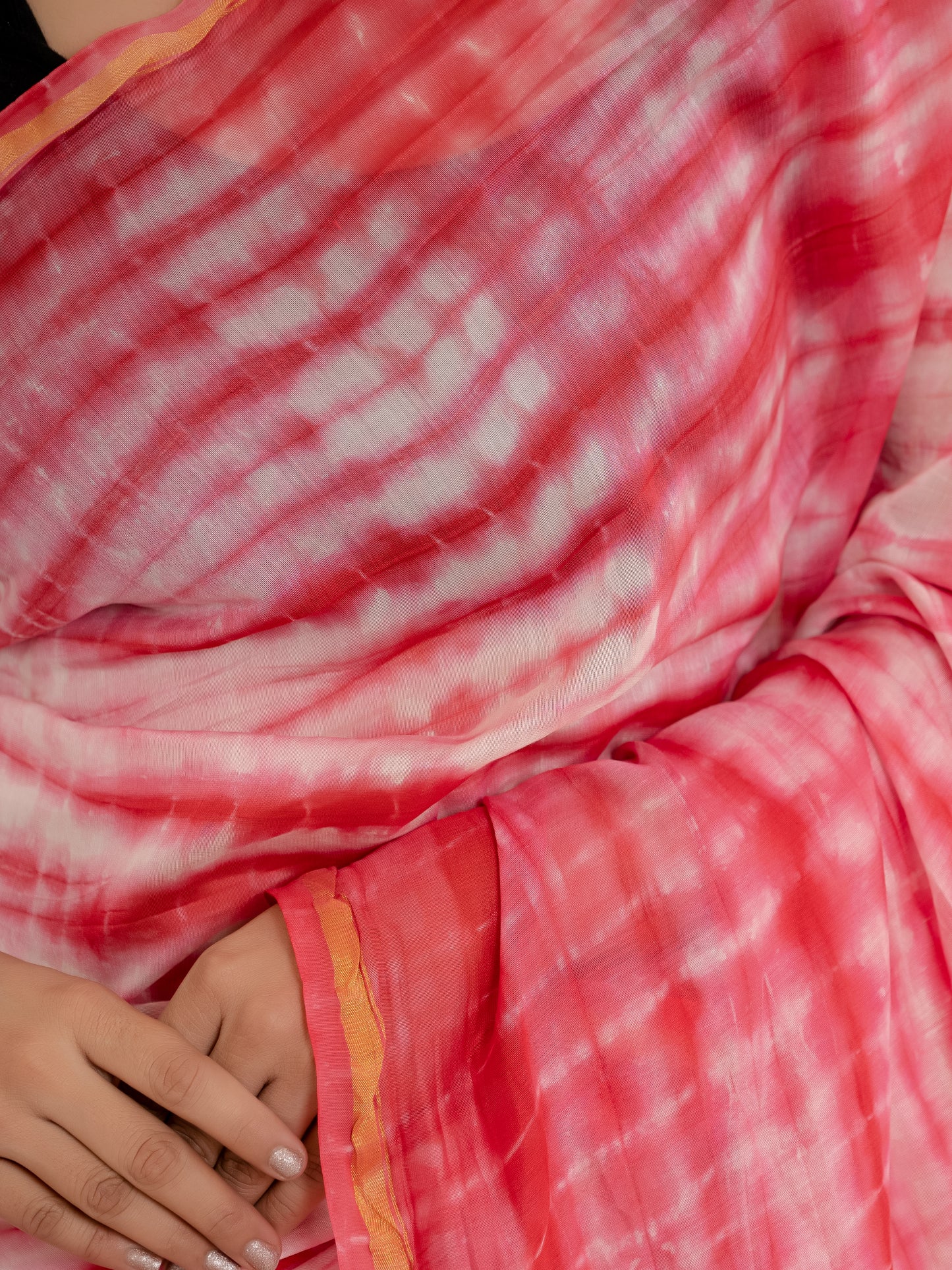 White & Red tie dye Chanderi Silk Saree