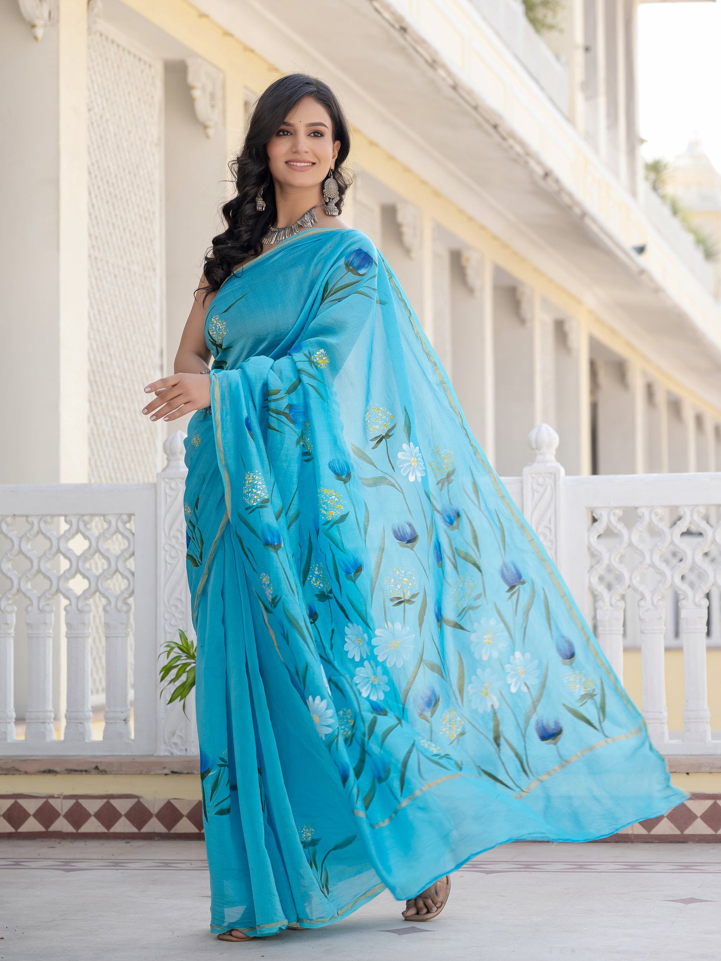 Sky hand painted Chanderi Silk Saree