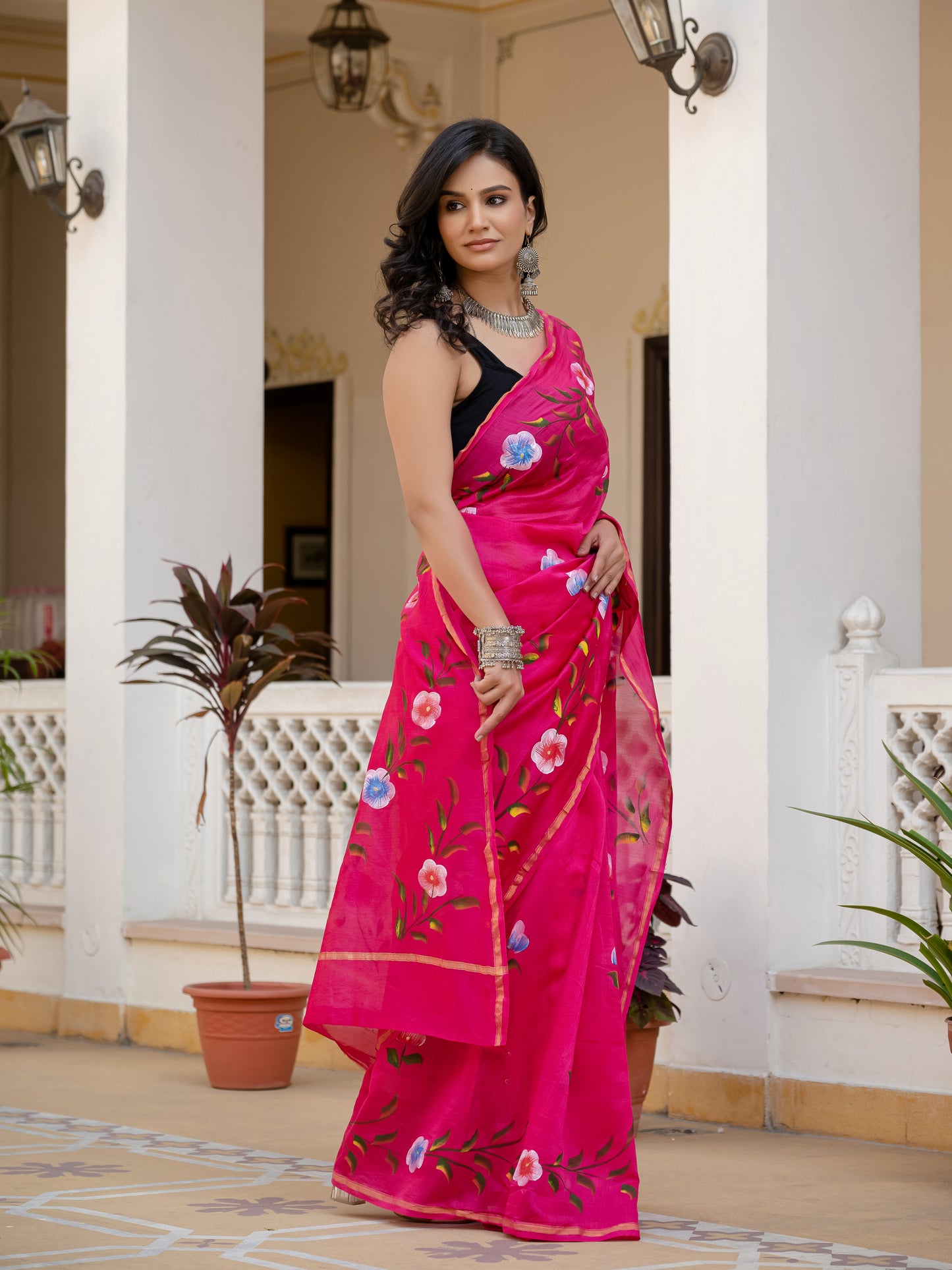 Pink hand painted Chanderi Silk Saree
