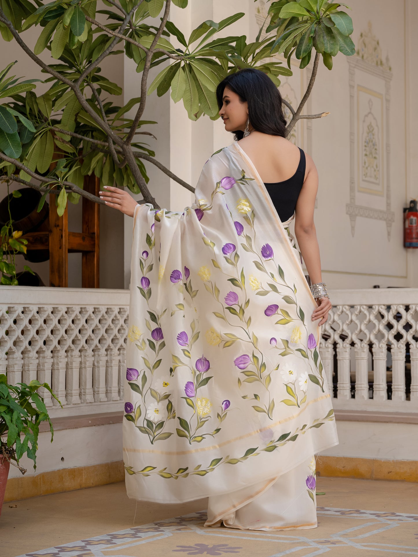 White Hand Painted Chanderi Silk Saree