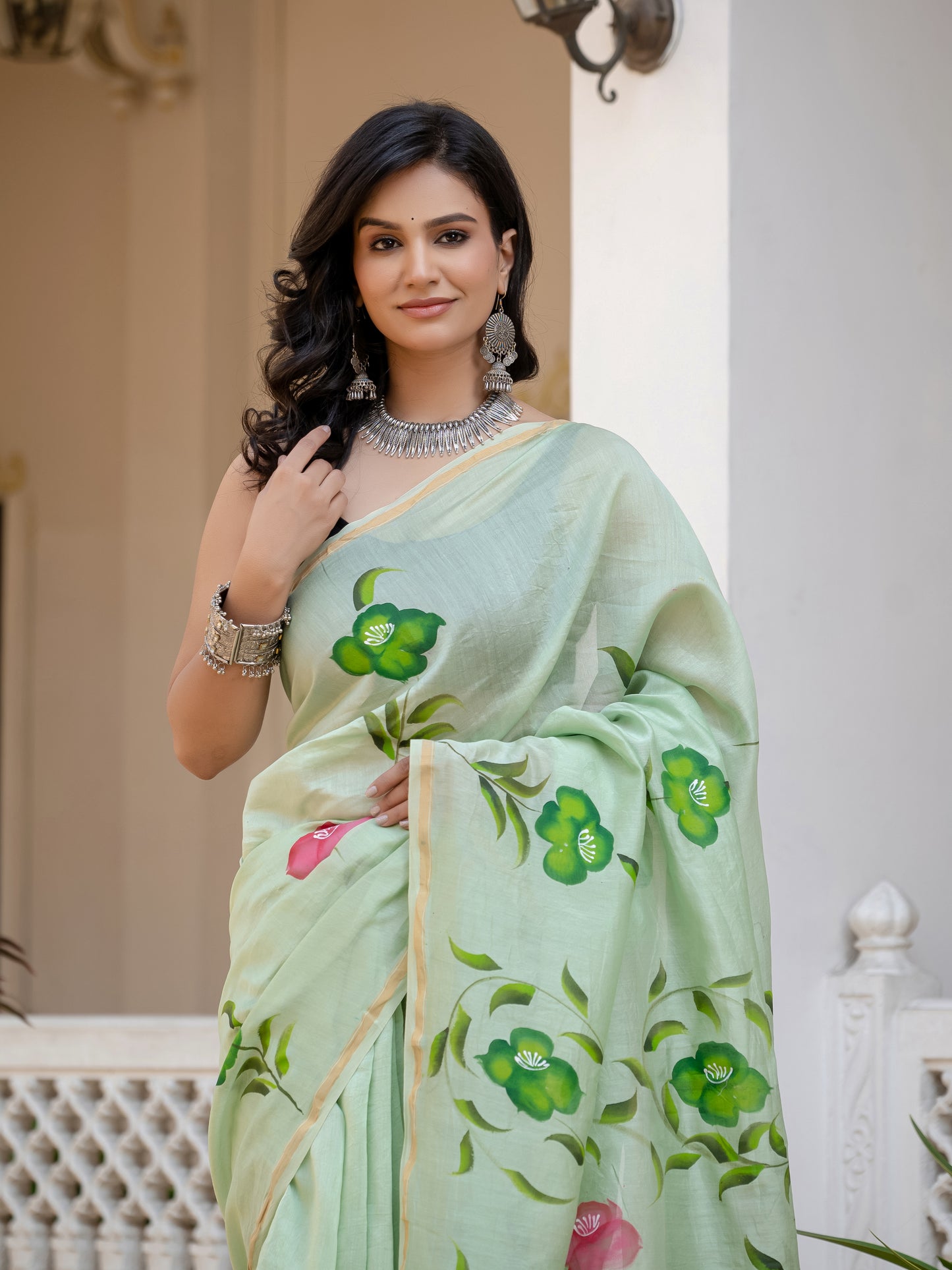 Pista green hand painted Chanderi Silk Saree