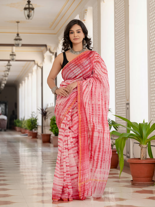 White & Red tie dye Chanderi Silk Saree