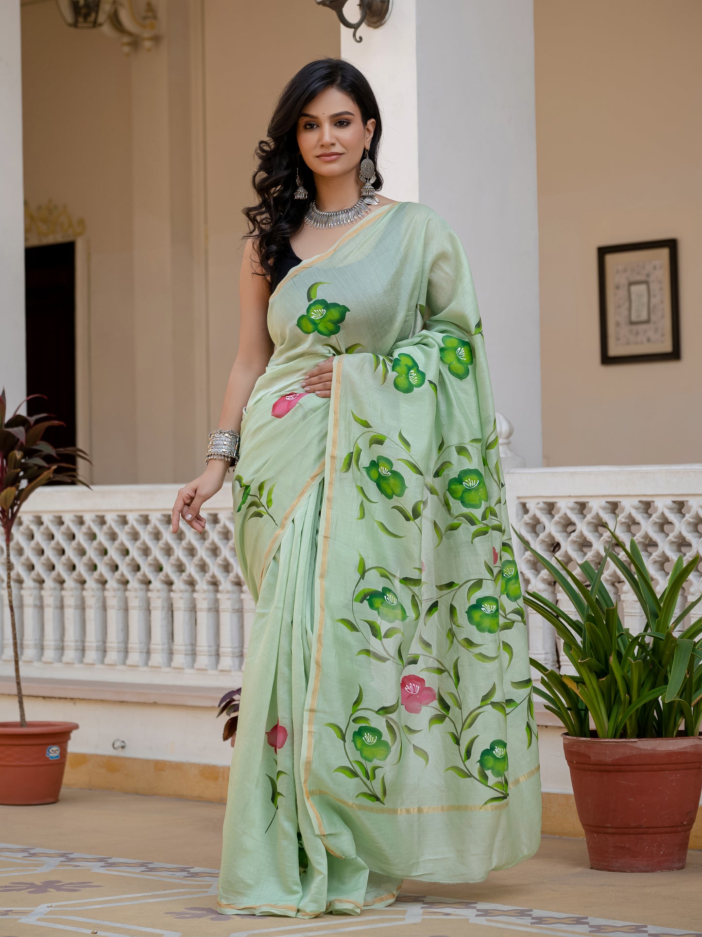 Pista green hand painted Chanderi Silk Saree