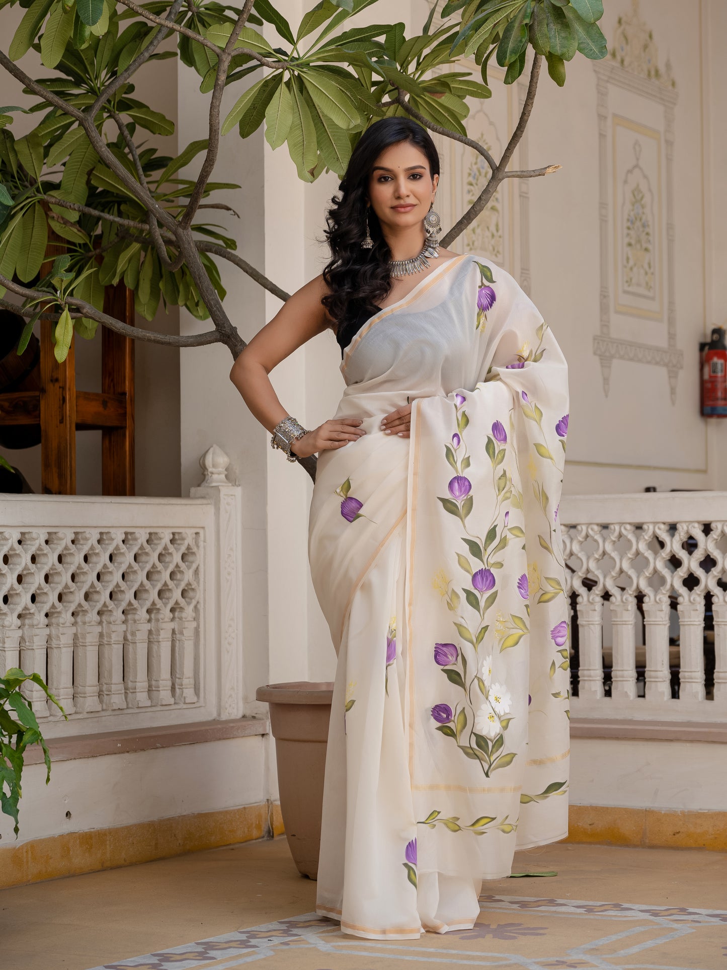 White Hand Painted Chanderi Silk Saree