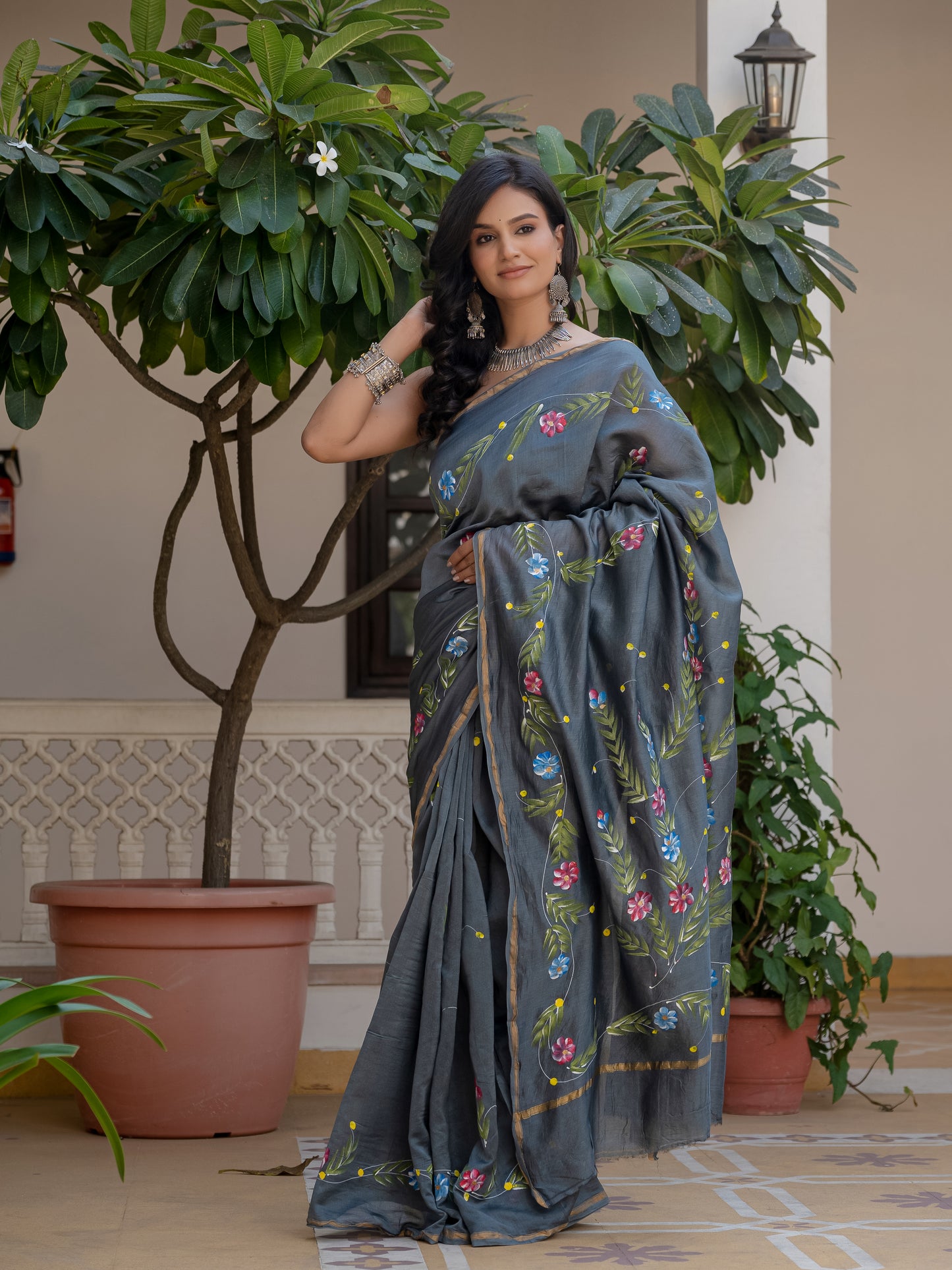 Grey hand painted silk saree