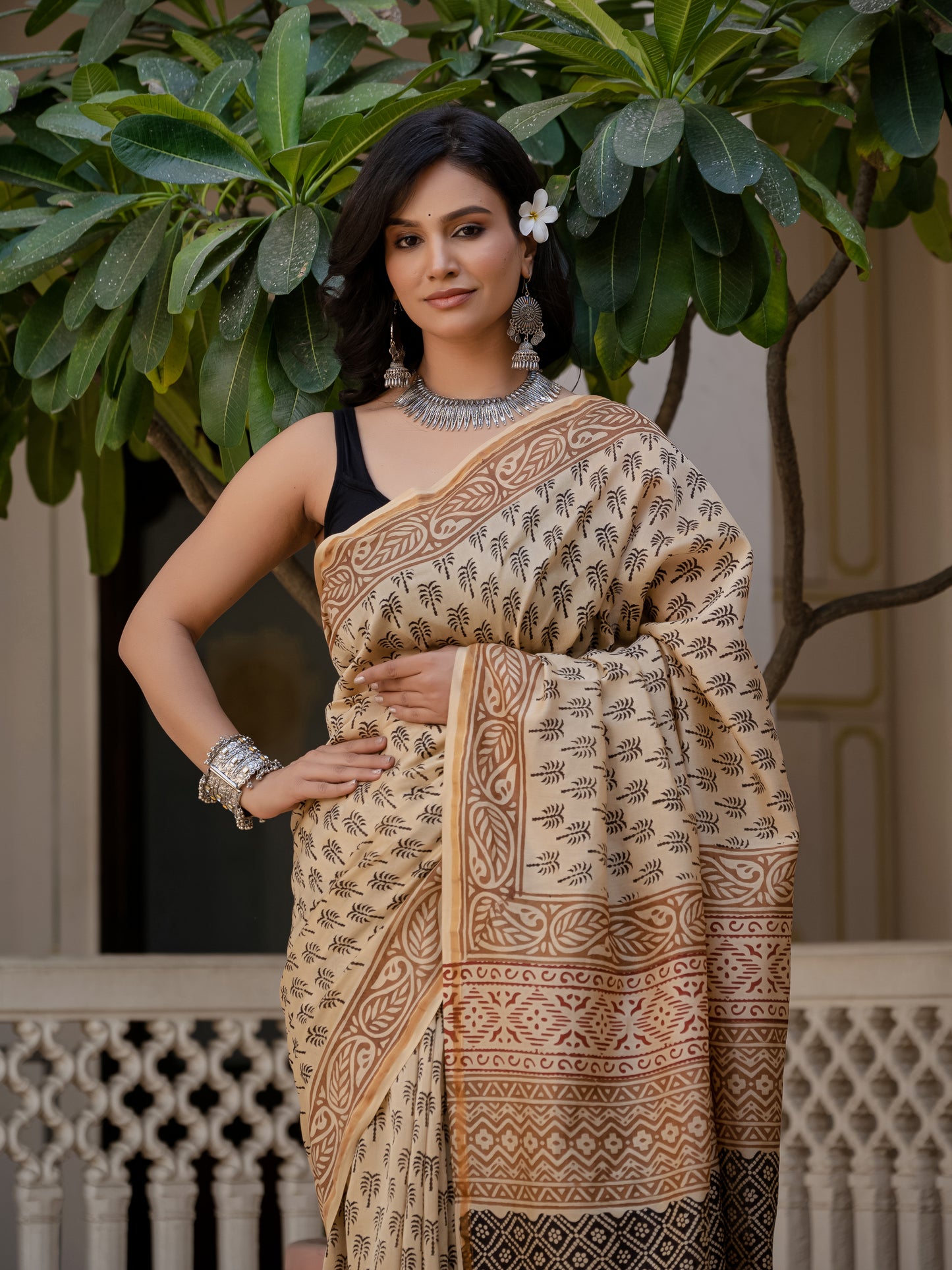 Bagru khajoor print silk saree