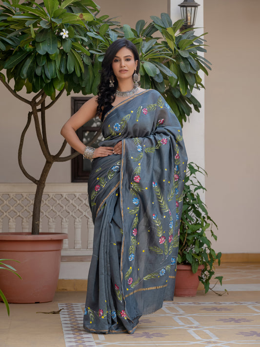 Grey hand painted silk saree