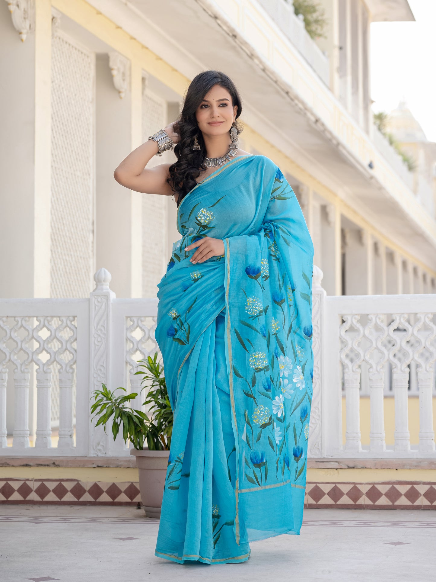 Sky hand painted Chanderi Silk Saree