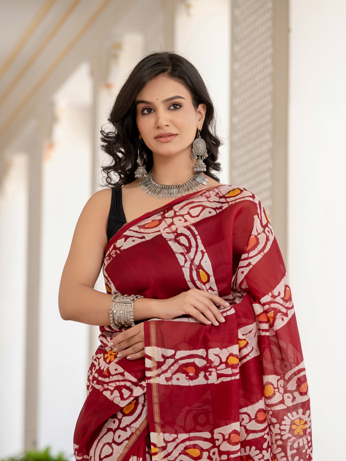 Maroon batik printed Chanderi Silk Saree