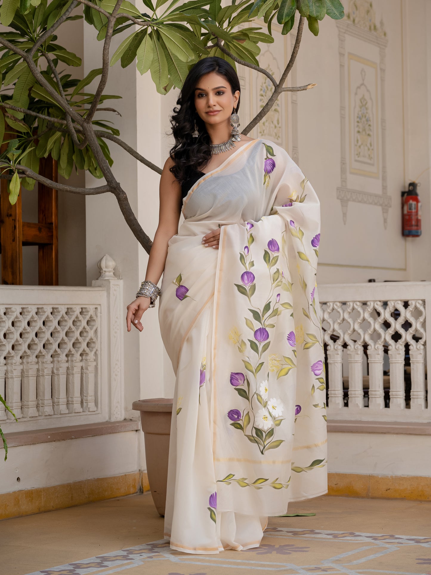 White Hand Painted Chanderi Silk Saree