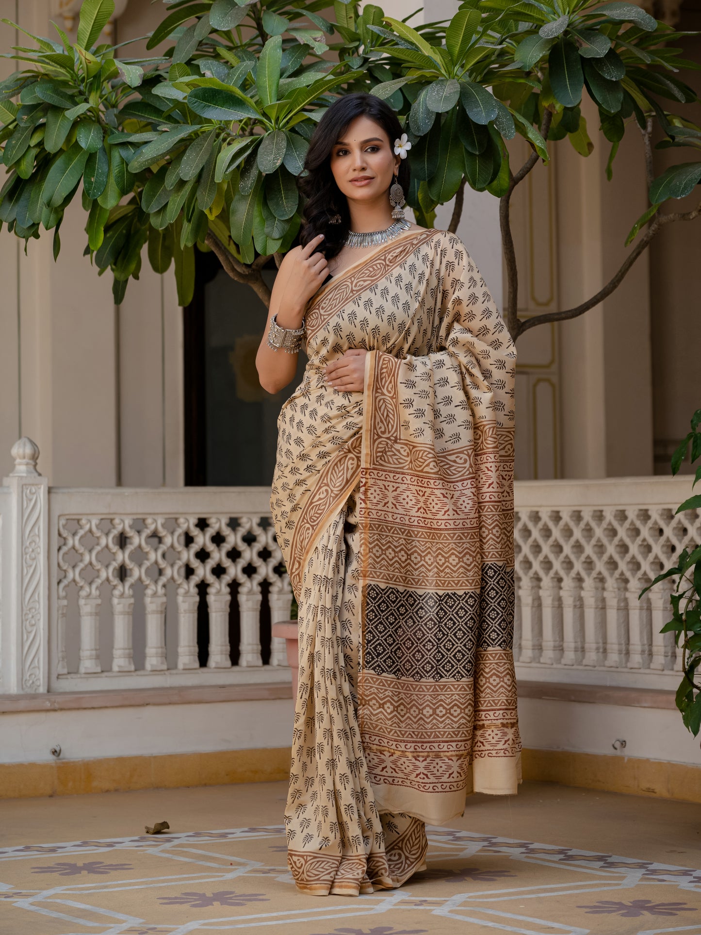 Bagru khajoor print silk saree