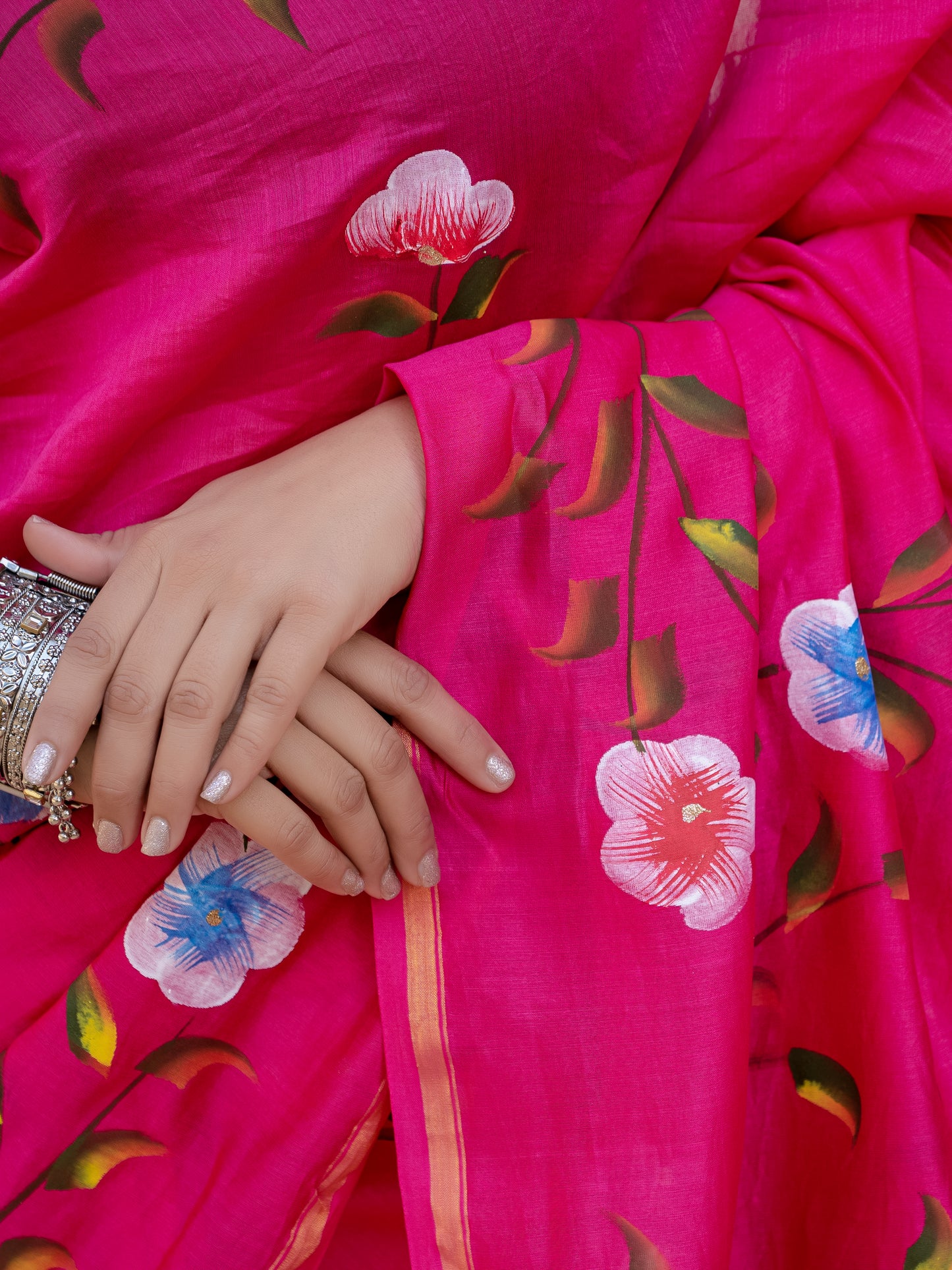 Pink hand painted Chanderi Silk Saree