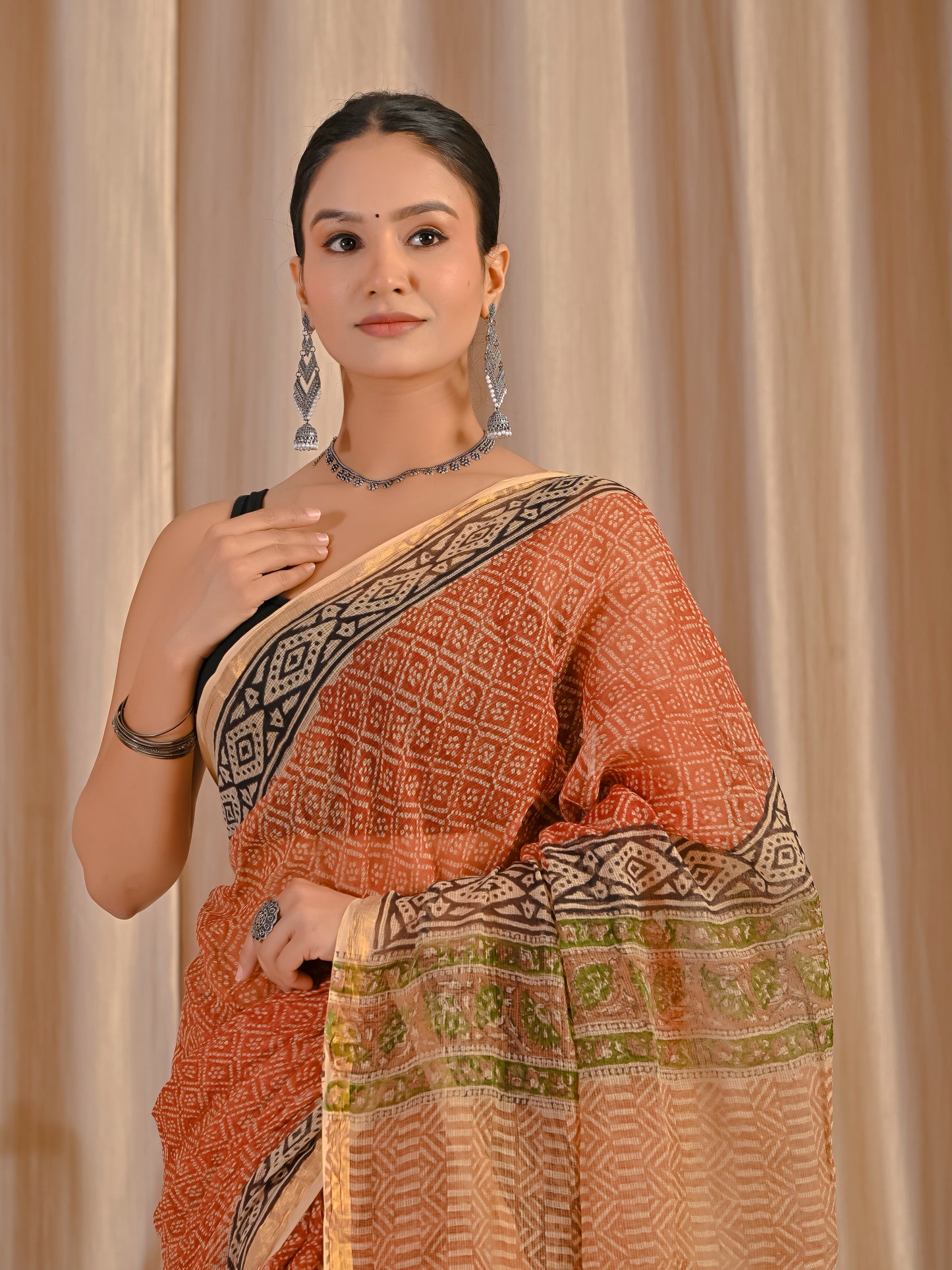 Bagru printed red jaal pure kota doriya saree