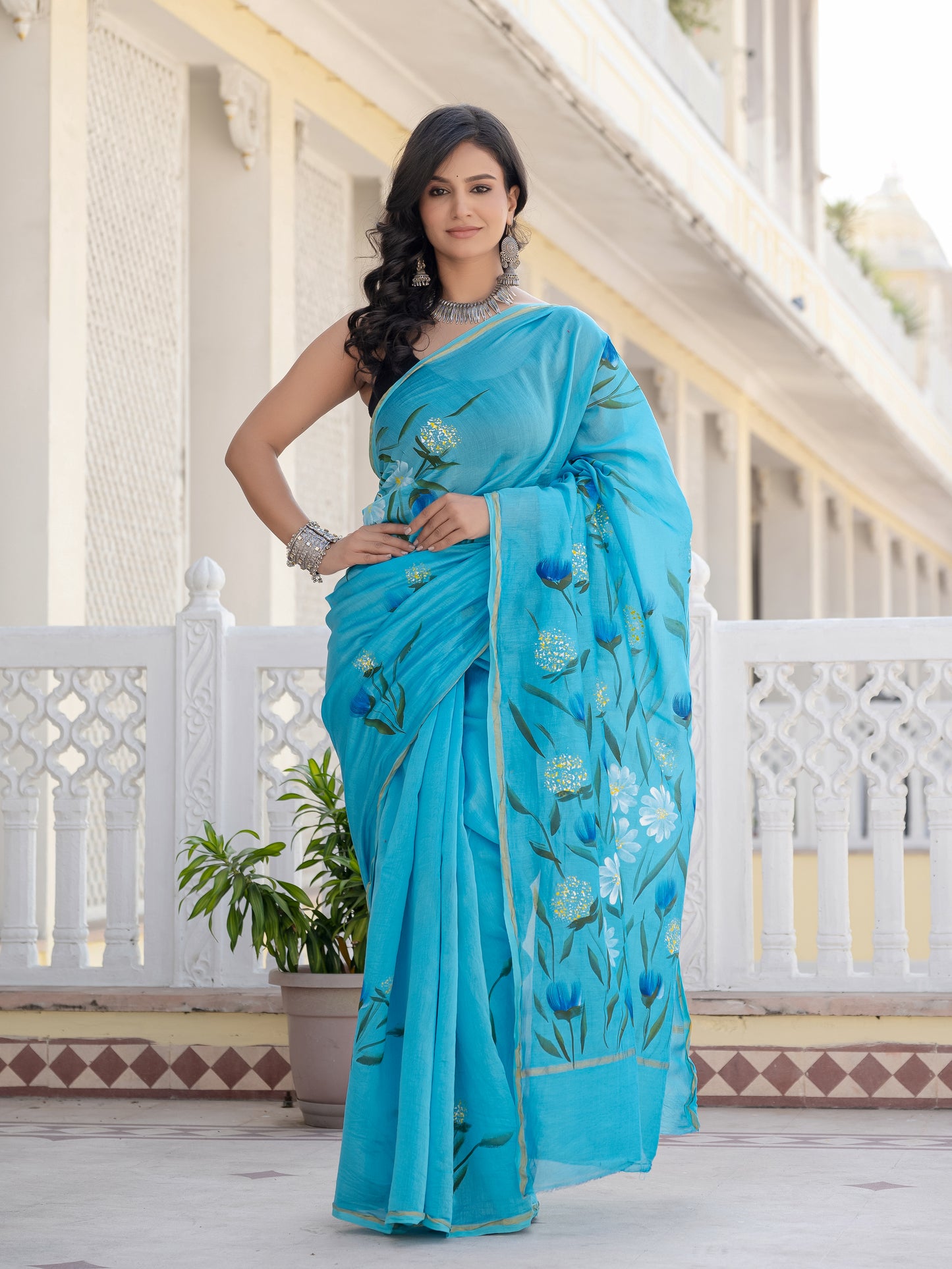 Sky hand painted Chanderi Silk Saree