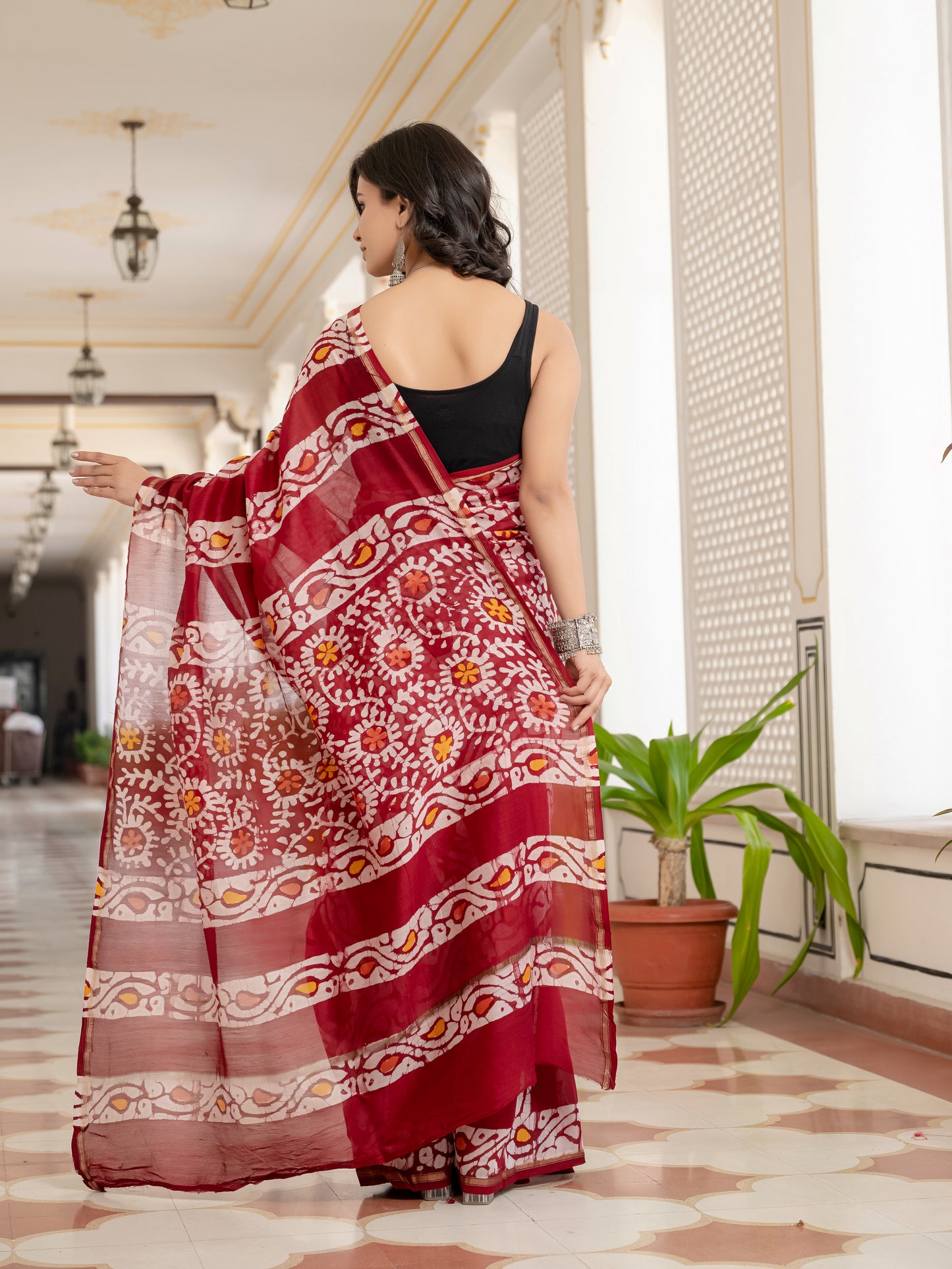 Maroon batik printed Chanderi Silk Saree