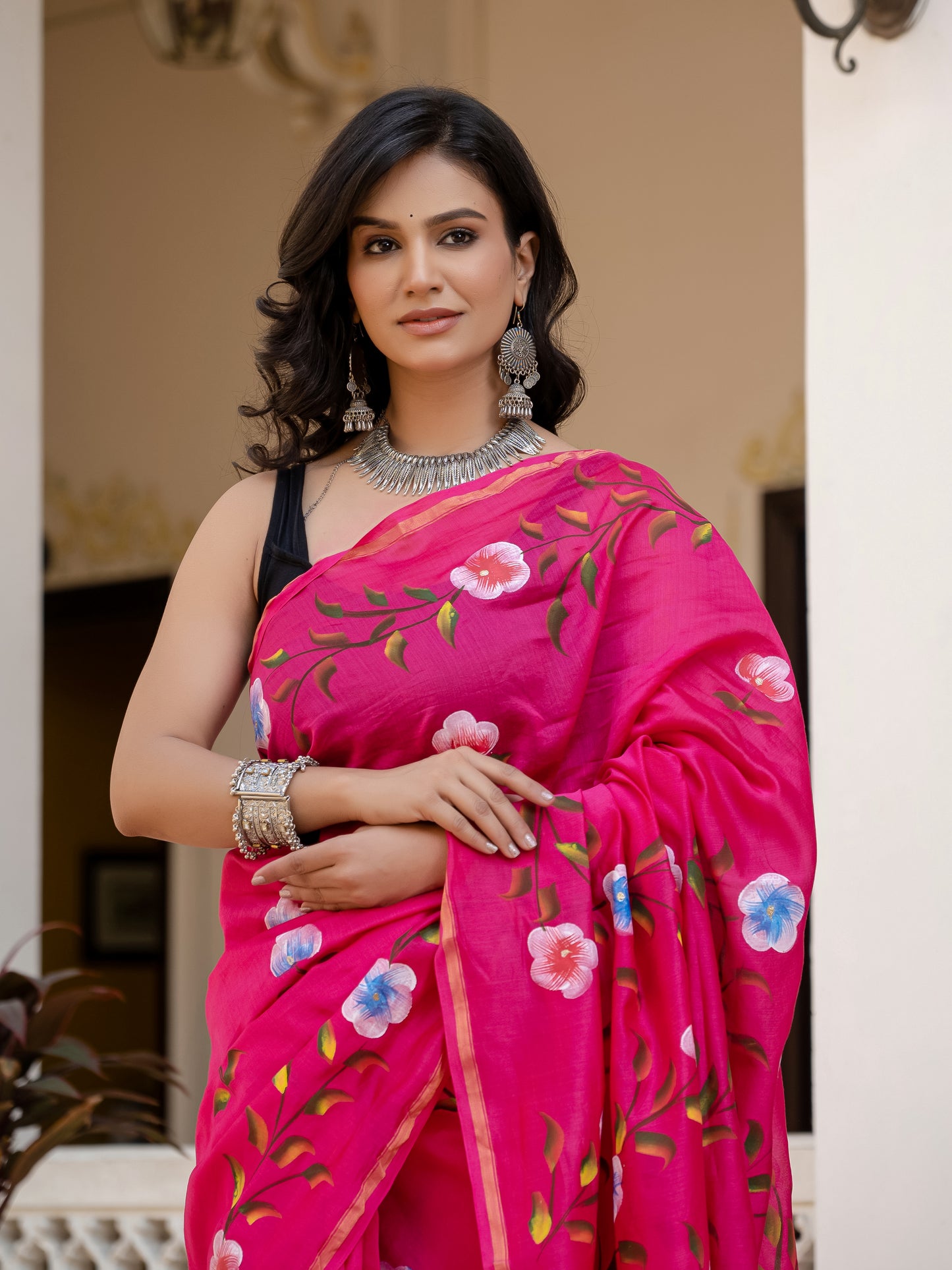 Pink hand painted Chanderi Silk Saree